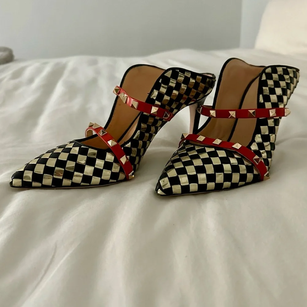 Elegant Black and Gold Checkered Heels with Red Accents